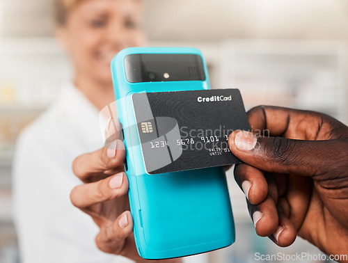 Image of Pharmacist, hands and credit card with pos, customer or smile for discount, commerce or healthcare. Payment tap, fintech machine and banking in store for medical product, budget or sales for wellness