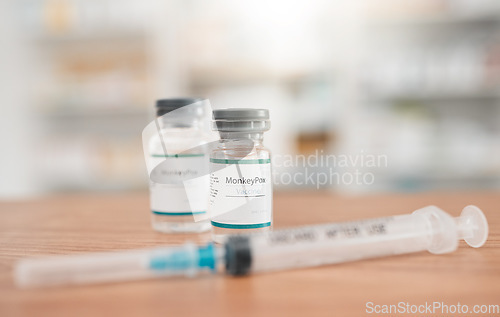 Image of Pharmacy, syringe and medication for monkeypox vaccine, healthcare or vial in medical cure on table. Drugs, needle and pharmaceutical product on desk for vaccination, flu shot or equipment at clinic