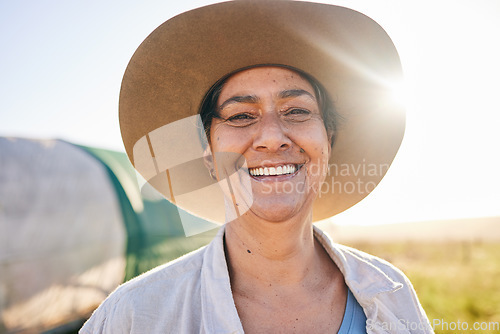 Image of Portrait, smile and senior woman with agriculture, farm and countryside with peace, ecology and harvest. Face, mature person and farmer with happiness, summer and sustainable nature and environment