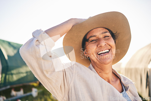 Image of Farm, happy and portrait of woman in countryside, field and nature for small business, growth and ecology. Agriculture, sustainable farming and person with chicken for free range poultry production