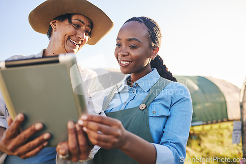 Image of Farm, agriculture team and women on tablet in field or nature for internet, research and growth analysis. Countryside, sustainable farming and farmers on digital tech for production data outdoors