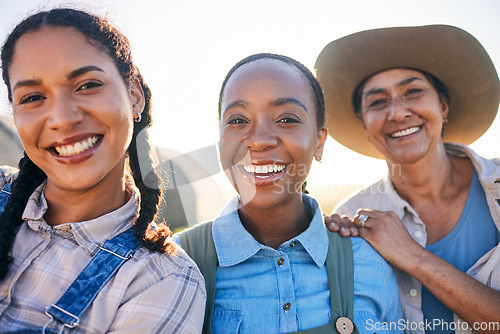 Image of Women, agriculture and group portrait with smile, countryside and friends with smile, harvest and farming in summer. Female teamwork, agro job and support in sunset, field and outdoor in environment