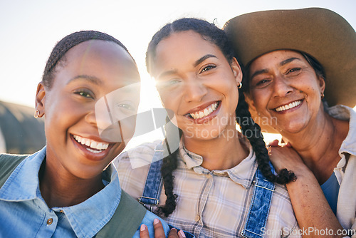 Image of Women, farming and group portrait with smile, countryside and friends with agro collaboration, motivation and summer. Female teamwork, job and support in sunshine, field and outdoor in agriculture