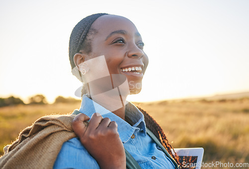 Image of Agriculture, thinking and smile with black woman on farm for environment, sustainability and plant. Garden, grass and nature with person in countryside field for ecology, production and soil health