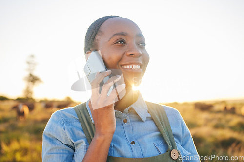 Image of Phone call, countryside and black woman with a smile, agriculture and communication with network. Person outdoor, girl or farmer with a smartphone, conversation and connection with nature and contact