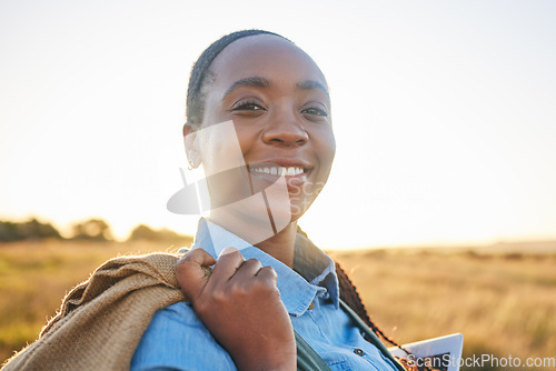 Image of Agriculture, sunset and portrait of black woman on farm for environment, sustainability and plant. Garden, grass and nature with person in countryside field for ecology, production and soil health