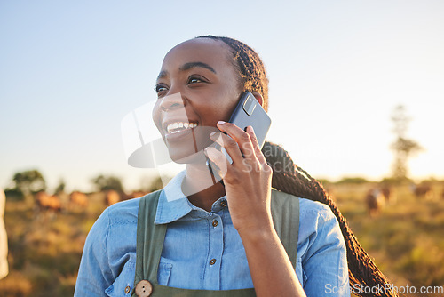 Image of Phone call, countryside and black woman with connection, agriculture and communication with a smile. Person outdoor, girl or farmer with a cellphone, conversation and ecology with nature and contact