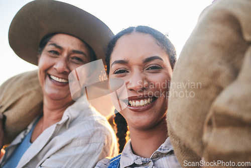 Image of Farm harvest, women portrait and countryside with a smile from working on a grass field with grain bag. Sustainability, eco friendly and agriculture outdoor in nature with farmer management mission