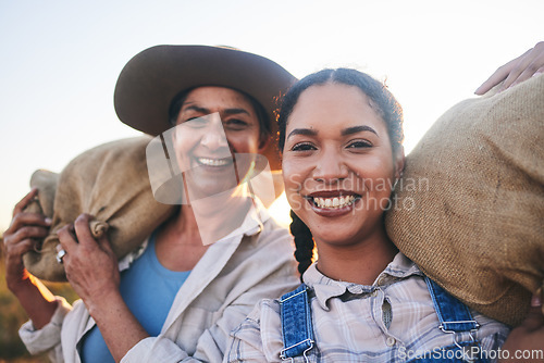 Image of Farm harvest, women and happy portrait in countryside with a smile from working on a grass field with grain bag. Sustainability, eco friendly and agriculture outdoor in nature with farming management