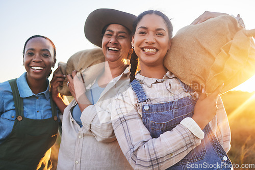 Image of Smile, farming and portrait of women with harvest bags, food and happy with sustainability. Laughing, morning and farm employees working in a field together for countryside labor or agriculture