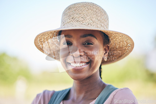 Image of Smile, countryside and portrait of black woman on farm with sustainable business, nature and sunshine. Agriculture, gardening and happy face of female farmer in Africa, green plants and agro farming.