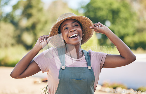 Image of Smile, portrait and black woman on farm in nature, sustainable business and sunshine. Agriculture, gardening and happiness, face of female farmer in Africa with green plants and outdoor agro farming.