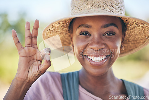 Image of Smile, okay hand sign and portrait of black woman on farm with sustainable business, nature and sun. Agriculture, happy face and female farmer in Africa, green plants and yes emoji to agro farming