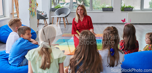 Image of Reading time in an elementary school or kindergarten, a teacher reading a book to children in an elementary school or kindergarten. The concept of pre-school education. Selective focus