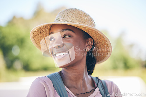 Image of Smile, countryside and black woman on farm with sustainable business idea, nature and sunshine. Agriculture, gardening and thinking, happy female farmer in Africa with green plants and agro farming.