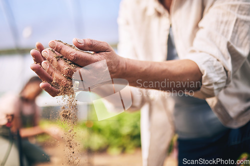 Image of Farming, hands and outdoor with soil, sand or dirt for growth, inspection or drought at agro job. Person, dry dust and holding for agriculture, climate change or sustainability in closeup for ecology