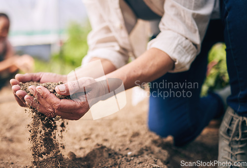 Image of Farming, hands and outdoor with soil, dust and dirt for growth, inspection and drought at agro job. Person, sand and compost for agriculture, climate change and sustainability in closeup on ground