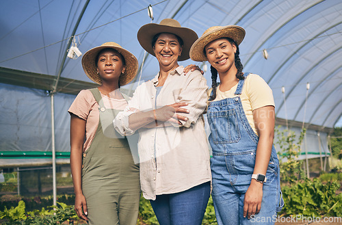 Image of Women, farming and group portrait in greenhouse, countryside and friends with leadership, agriculture and summer. Female teamwork, happy and support in nursery, growth and agro development for plants