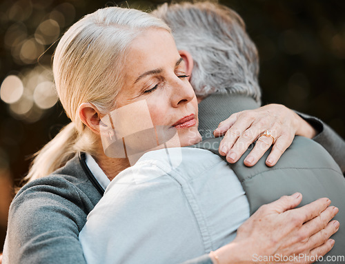 Image of Old woman, face and senior couple hug, date and embrace with empathy, care and elderly marriage trust, love and support. Park, emotional connection and outdoor man, retirement wife or people hugging