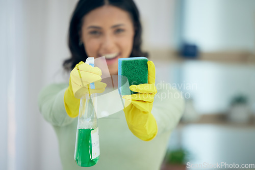 Image of Cleaning, spray and hands of woman with sponge for disinfection, hygiene and housekeeping. Housework, maid service and woman with sanitizer products, liquid and detergent for dirt, dust and washing