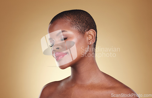 Image of Mockup, makeup and black woman with cosmetics, shine and dermatology on a brown studio background. Glow, person and model with skincare, wellness and spa promotion with aesthetic, luxury and beauty