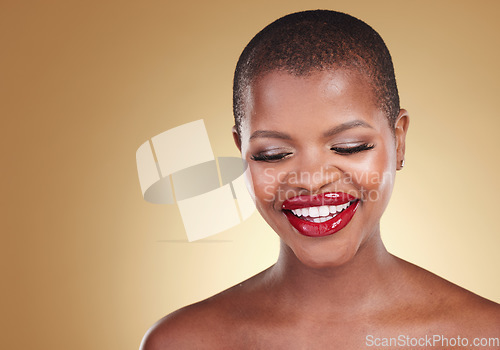 Image of Mockup space, makeup and black woman with cosmetics, smile and dermatology on a brown studio background. Happy, person or model with skincare, beauty and red lipstick with aesthetic, luxury and shine