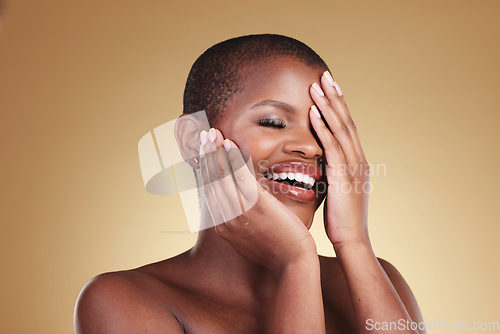 Image of Mockup, makeup and black woman with cosmetics, funny and dermatology on a brown studio background. Shine, happy person or model with skincare, humor and spa promotion with aesthetic, luxury or beauty