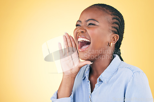 Image of Shout, announcement black woman in studio with motivation and voice from deal. Yellow background, female person and secret with big news and excited from advertising, marketing and promotion deal