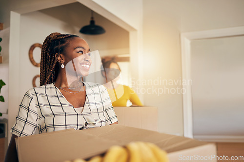 Image of Black woman, vision and new home with cardboard boxes moving and property investment. Happy face, smile and couple of friends excited with lounge package for real estate in living room with future