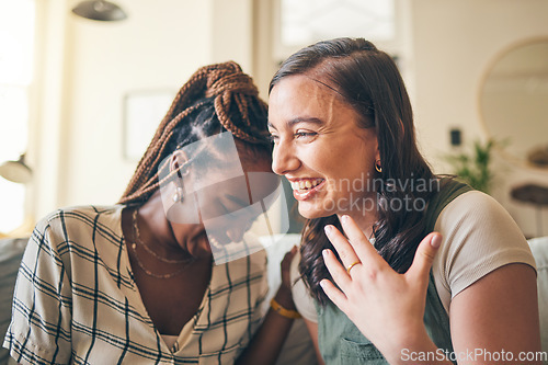 Image of Smile, funny and friends with women on sofa for relax, bonding and conversation. Happy, support and joke with people laughing in living room at home for gossip, chat and discussion together