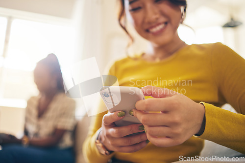 Image of Phone, networking and closeup of woman browsing on social media, mobile app or the internet. Technology, communication and closeup of a female person typing a text message on a cellphone at home.