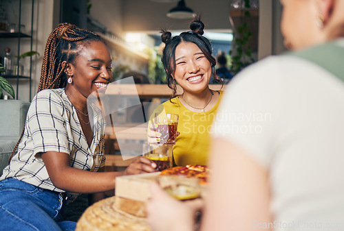 Image of Friends, conversation and women with food in home for relaxing, bonding and lunch together. Friendship, happy and group of people with drinks laughing for relationship, visit and chat in living room