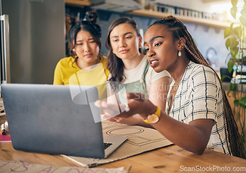 Image of Laptop, restaurant or people reading bad sales numbers, customer experience feedback or coffee shop review. Small business owner, entrepreneur or team stress over cafe fail, cafeteria mistake or risk