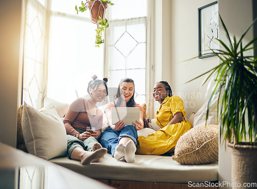 Image of Home, friends and women with a tablet, connection or smile with live streaming, online reading or social media. App, group or happy people on a couch, technology or bonding with communication or chat
