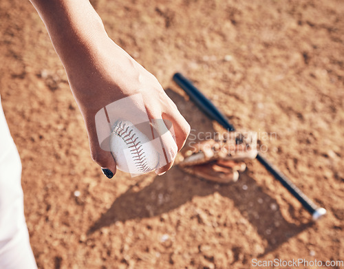 Image of Softball, hand and ball with athlete on pitch, sports and person playing game, closeup and fitness outdoor. Exercise, baseball player and equipment, bat and glove on ground with pitcher at stadium