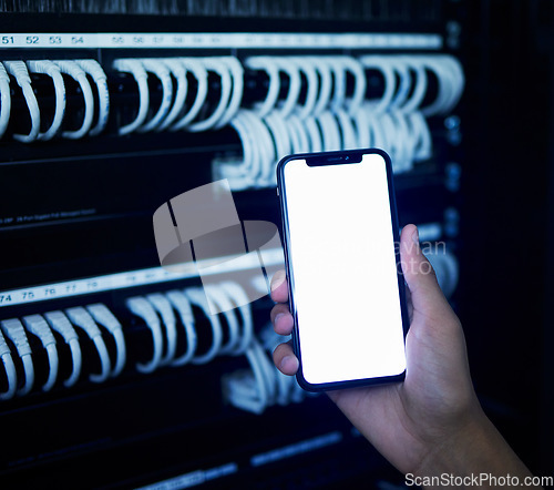 Image of Phone screen, server room and hands of engineering person for data protection, cyber security and software mockup. Technician, mobile and ux design space for information technology and coding app