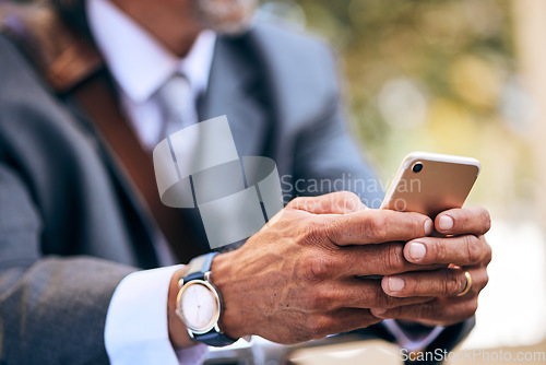 Image of Outdoor, hands and man with smartphone, business and connection with social media, typing or network. Person, employee or entrepreneur with a cellphone, closeup or mobile app with website information