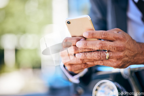 Image of Outdoor, business and man with a smartphone, hands and typing with connection, social media and network. Closeup, person or employee with a cellphone, mobile app and professional with search internet