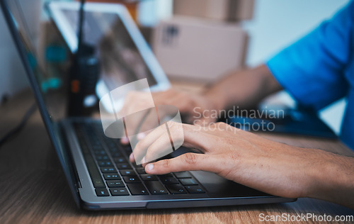 Image of Hands, laptop and surveillance with a security guard in a CCTV room closeup to monitor criminal activity. Computer, safety and typing with an officer searching for evidence or information online