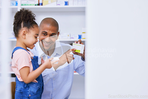 Image of Pharmacy, child and family with medication, learning and healthcare study for education. Pharmacist, father and young girl together with a smile from pharmaceutical research and kid development