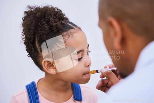 Image of Sick, syringe and consulting with child and medicine for pharmacy, helping and illness. Medical, healthcare and cough syrup with young girl and parent in family home for wellness, care or supplements