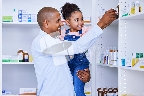 Image of Pharmacy, child help and family with medication, learning and healthcare study for education. Pharmacist, father and young girl together with a smile from pharmaceutical research and kid development