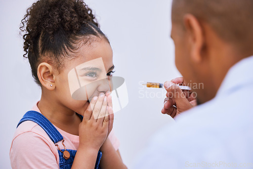 Image of Sick, syringe and funny with child and medicine for consulting, helping and illness. Medical, healthcare and cough syrup with young girl and parent in family home for wellness, care and supplements