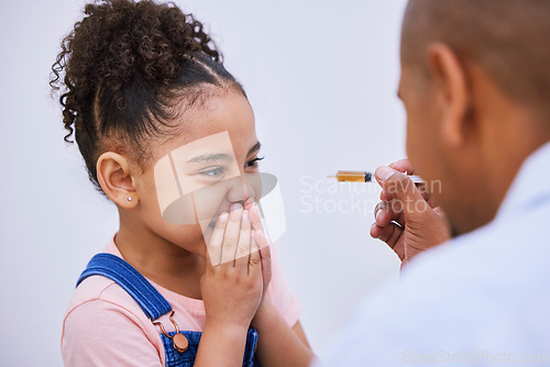 Image of Virus, syringe and disgust with child and medicine for consulting, helping and illness. Medical, healthcare and cough syrup with young girl and parent in family home for wellness, care or supplements