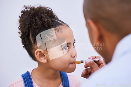 Image of Help, syringe and consulting with child and medicine for pharmacy, virus and illness. Medical, healthcare and cough syrup with young girl and parent in family home for wellness, care or supplements