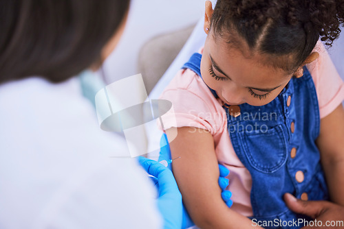 Image of Girl, parent and doctor with syringe for vaccine, flu shot or medicine injection in clinic or hospital. Father, kid and pediatrician in office with needle for vaccination, consultation and child care