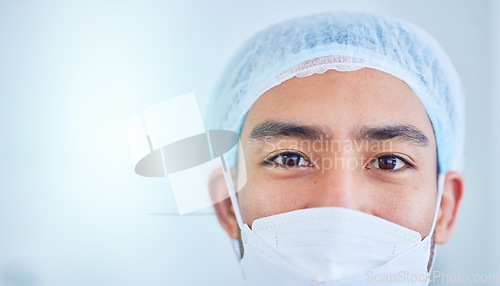 Image of Face mask, surgeon and man in hospital in studio isolated on a white background mockup space. Portrait, doctor and medical professional nurse, healthcare worker and confident surgery employee in ppe.