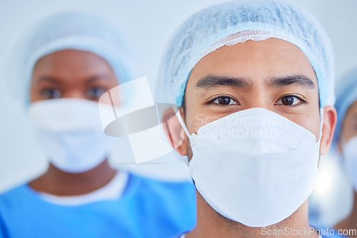 Image of Face mask, surgeon team and people in hospital in studio isolated on a white background. Portrait, doctor and medical professional group, expert worker and confident plastic surgery employee in ppe