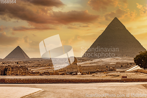 Image of Great Sphinx of Giza and pyramid, Cairo Egypt
