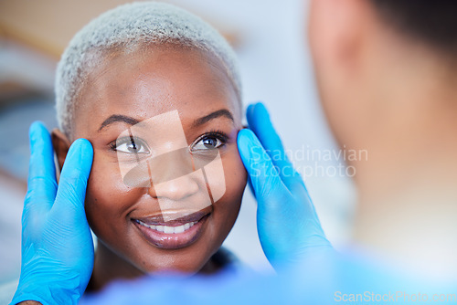 Image of Medical hands, woman and plastic surgery for cosmetics, aesthetic and facial transformation in exam. Doctor or surgeon with happy african patient or client face check, dermatology help and support